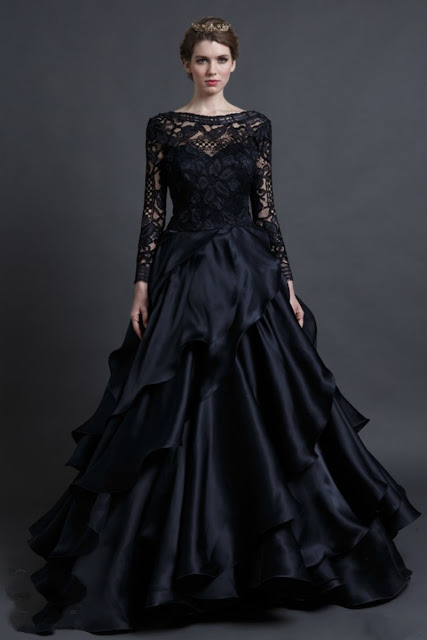 Vintage-Gothic-Long-Sleeve-Sheer-Illusion-Backless-Ruffles-Train-Black-Wedding-Dress-from-Sareh-Nouri