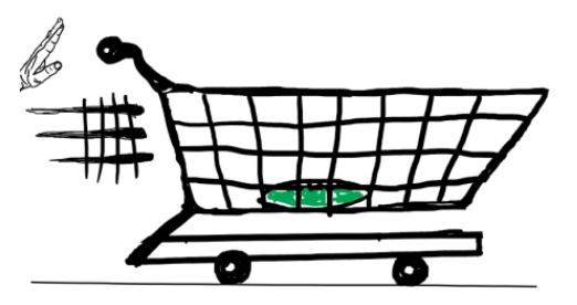Após as compras, um pai dá um empurrão no carrinho de compras, por solicitação de sua filha, que se diverte ao ver o carrinho deslocando-se livremente pelo piso regular e horizontal do estacionamento do supermercado.