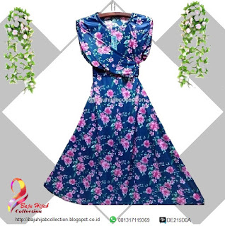 Gamis Hyget Biru Motif Bunga Besar Warna Pink