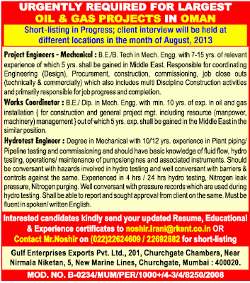 Urgently Required For Largest Oil & Gas Project In Oman