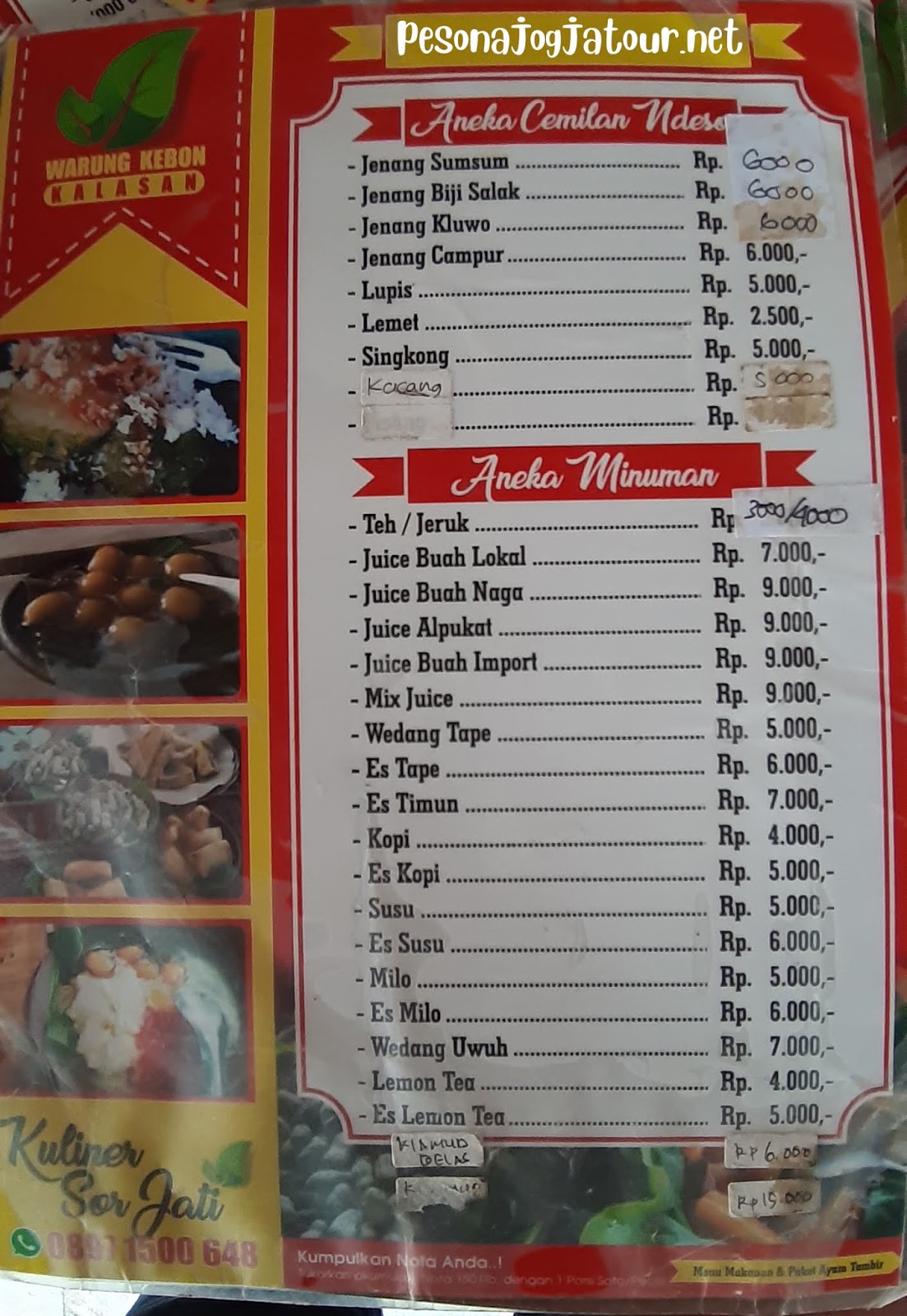 Daftar harga menu makanan Warung  Kebon Kalasan bawah pohon 