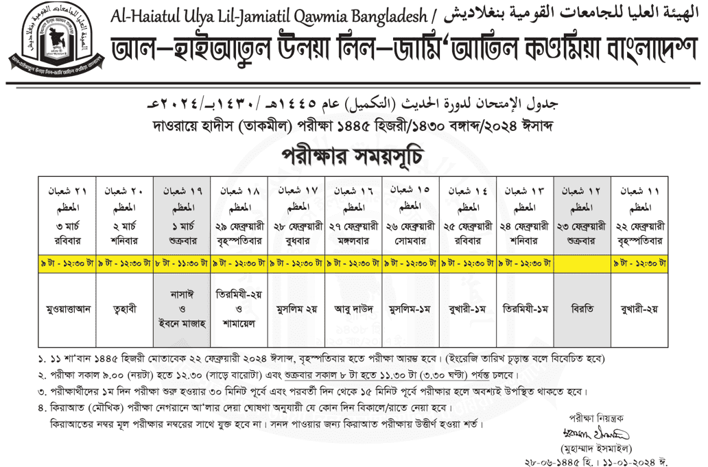 Al Haiatul Ulya Routine 2024 (Dawraye Hadith Takmil Exam Routine 2024)