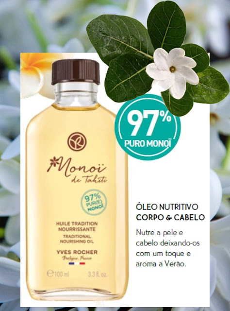 Banner com imagem de um frasco de Óleo Nutritivo Corpo & Cabelo de Yves Rocher, com descrição ao lado esquerdo da imagem do frasco