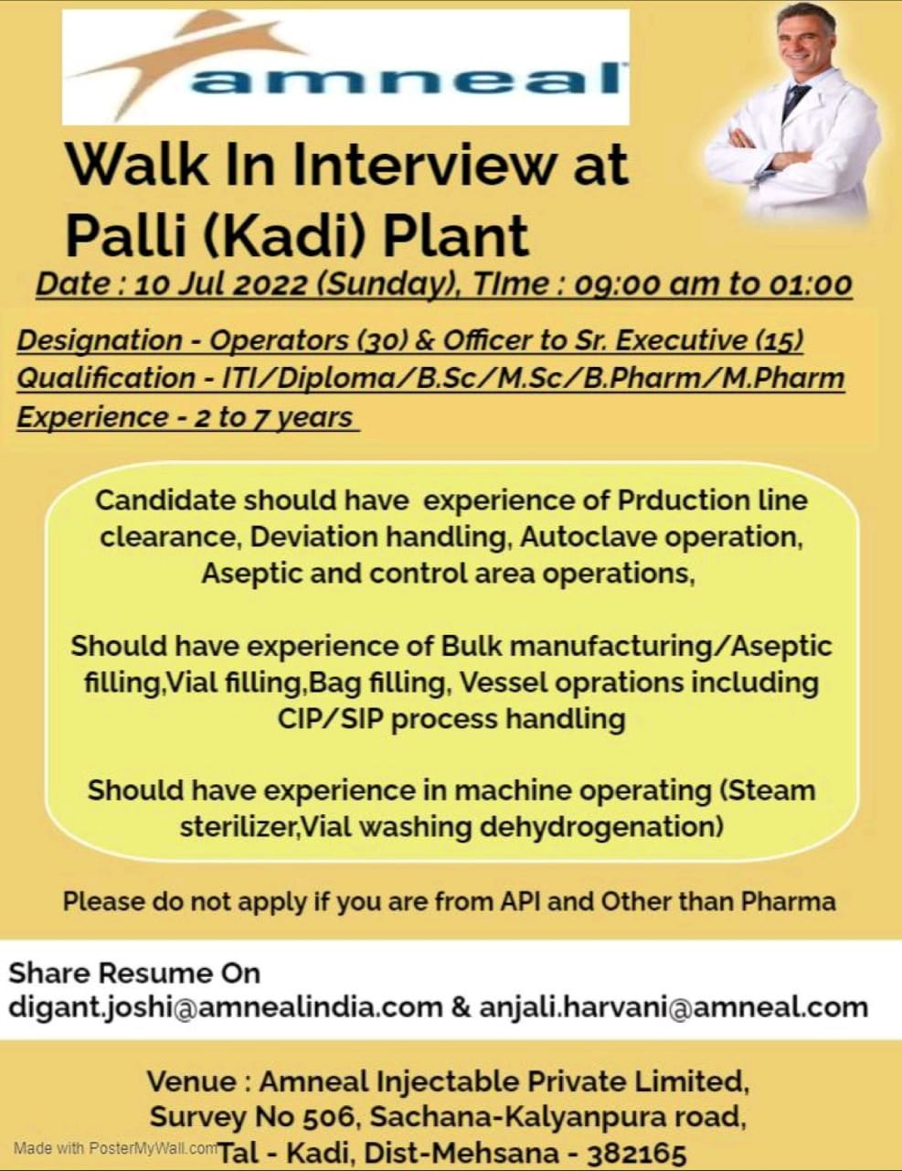 Job Available's for Amneal Injectable Pvt Ltd Walk-In Interview for ITI/ Diploma/ BSc/ MSc/ B Pharm/ M Pharm