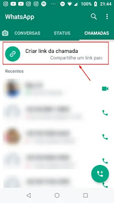 Clicando no botão "Criar link da chamada no WhatsApp, no Android