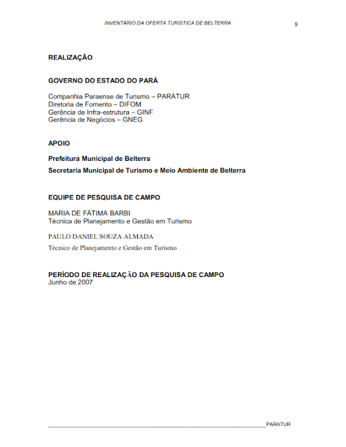 INVENTÁRIO DA OFERTA TURISTICA DE BELTERRA - 2007 -  Belterra - Pará - Brasil