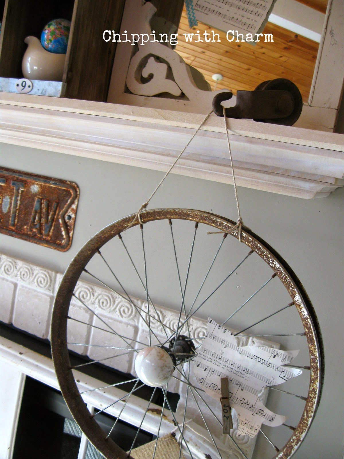 Chipping with Charm:  Spring Mantel, bike rim memo holder...www.chippingwithcharm.blogspot.com