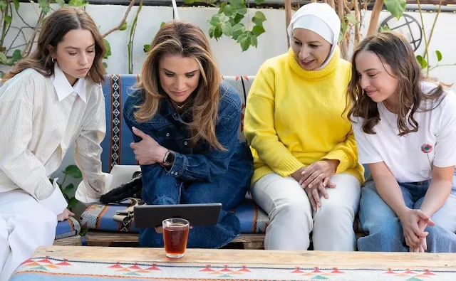 Queen Rania wore a new Tomia blue denim midi dress by Isabel Marant Etoile. Princess Iman and Princess Salma