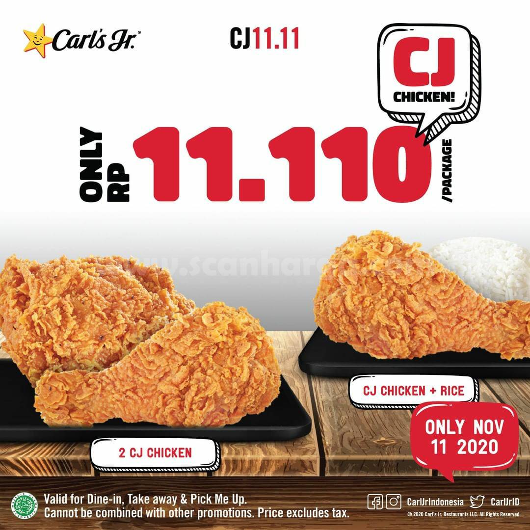 Carls Jr Promo 11.11 - pilih 2 CJ Chicken atau CJ Chicken + Rice hanya 11ribuan saja