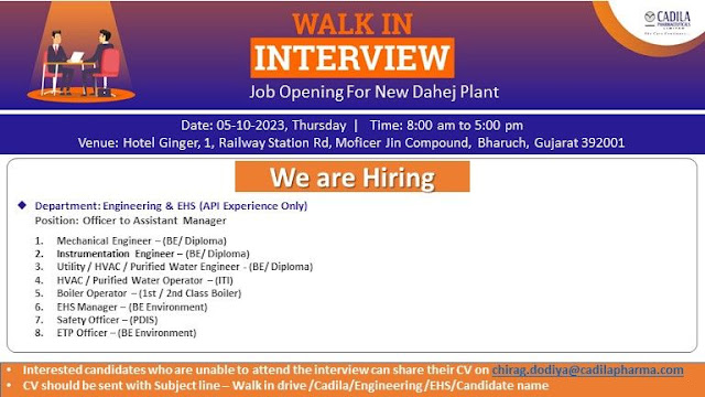 Cadila Pharma Walk In Interview For EHS / Safety / ETP / Mechanical / Instrumentation / Utility / HVAC / Purified Water/ Boiler