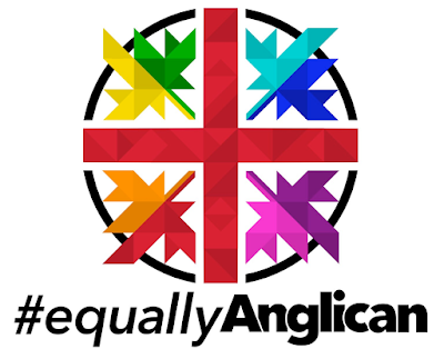 #equallyAnglican logo designed by philip hamilton. Red cross in black circle, with four multi-coloured leaves, one in each quadrant