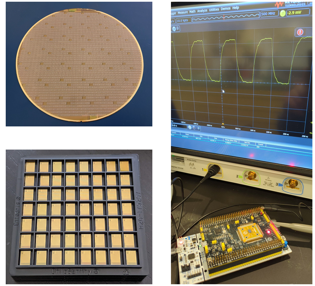 Pictures of a full wafer from the first SKY130 shuttle, a tray of bare dies, and a project bring-up from SKY130 MPW-2.