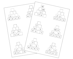 na zdjęciu dwie strony z zadaniami w formie piramid matematycznych czyli kwadratów, w których wpisujemy kolejno działania pnąc się w górę