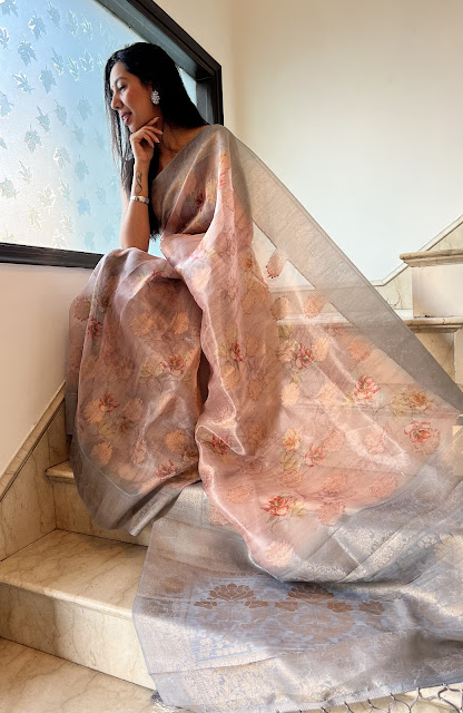 Nude pink and silver grey saree with zari and floral jaal