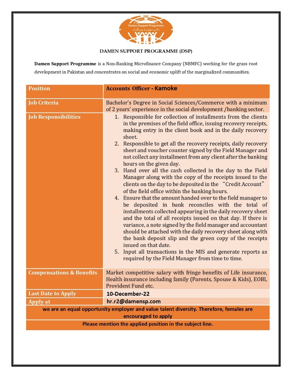 Damen Support Programme- دامن سپورٹ پروگرام (DSP) Jobs 2022
