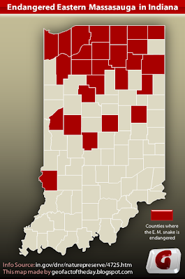 This is a map of Indiana counties where the eastern massasauga rattlesnake is threatened or endangered.