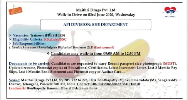 Maithri Drugs | Walk-in for Freshers at Hyderabad on 3 Jun 2020 