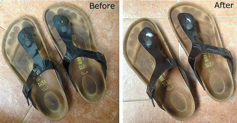 My Birkenstocks before and after cleaning with baking soda