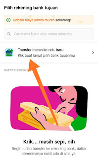 5. Tekan ‘transfer instan ke rekening bank baru’.