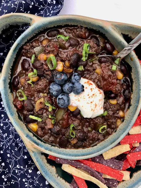 Serving bowl of blueberry bison chili.