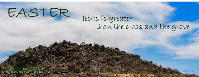 Image of a cross on a hill. The word Easter is in big letters at the top. A caption says Jesus is greater than the cross and the grave.