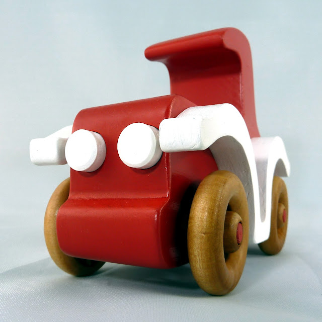 Wood Toy Car, Classic Model-T Sedan, Finished in Bright Red, White, & Amber Shellac, Bad Bob's Custom Motors