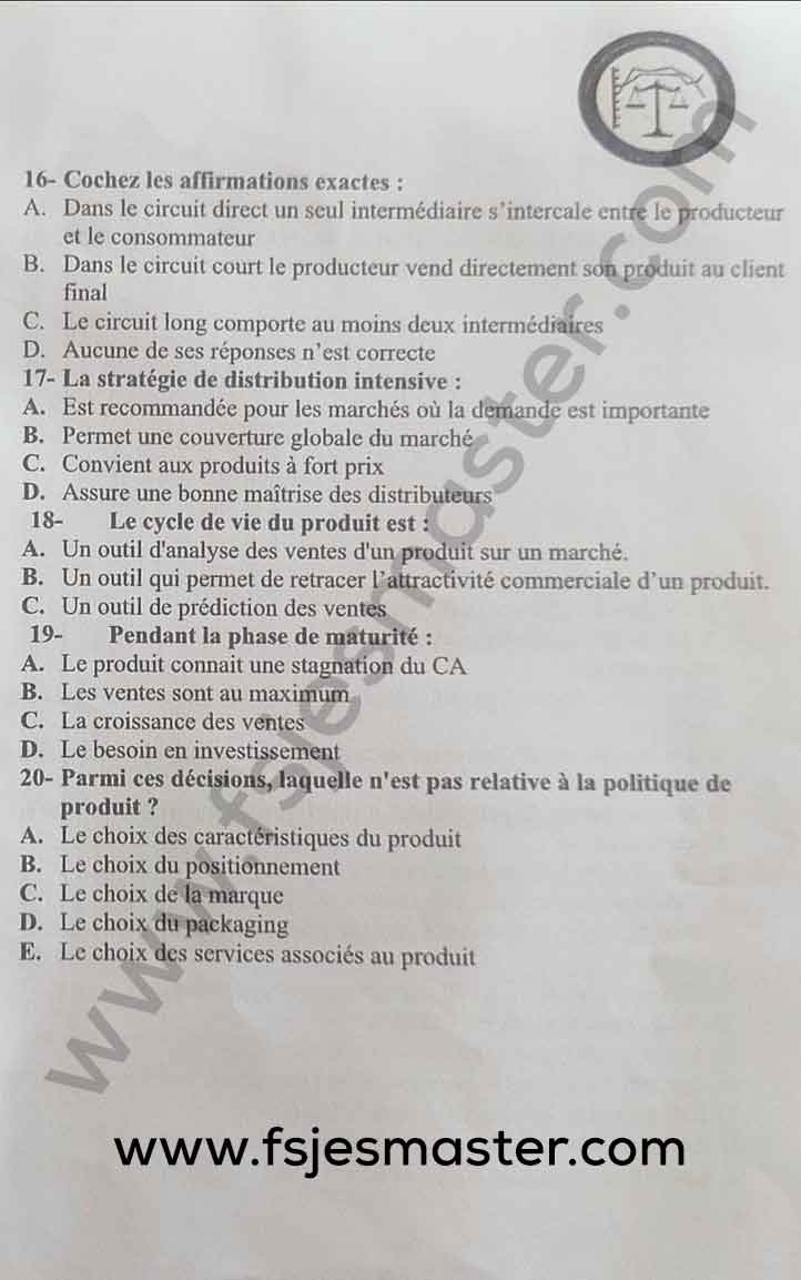 Exemple Concours Master Marketing Stratégique et Management Commercial et d'Entreprises 2023-2024 - Fsjes Souissi