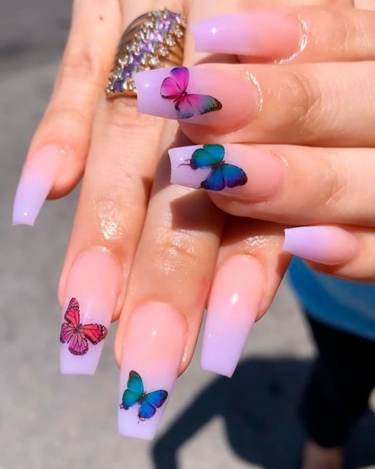 purple ombre nails with butterfly nail art