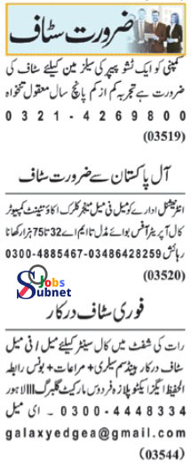 New Clerk Salesman & Call Center Agent Jobs 2024 In Lahore