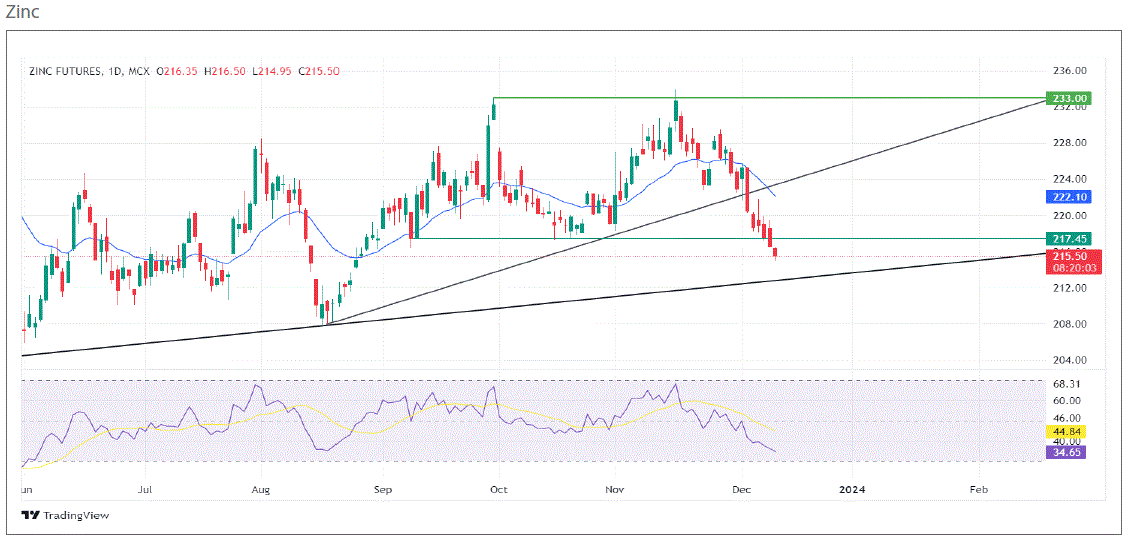 MCX Zinc, Swing Lows, Double Top Formation, Lower Lows, Bearish Bias, RSI, Oversold Zone, Support, Resistance