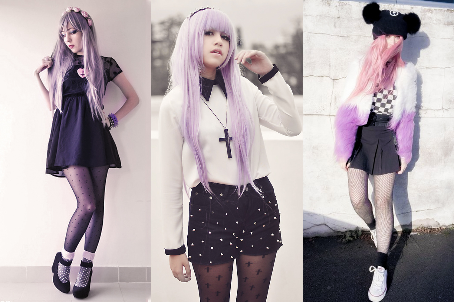 aesthetic collage with three pastel goth fashion look