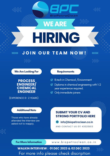 BioPetroClean Hiring For Process Engineer/ Chemical Engineer