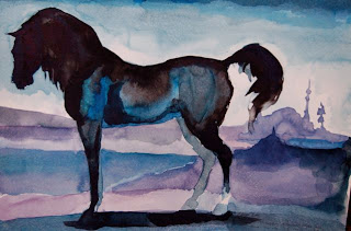 black arab stallion in dream landscape