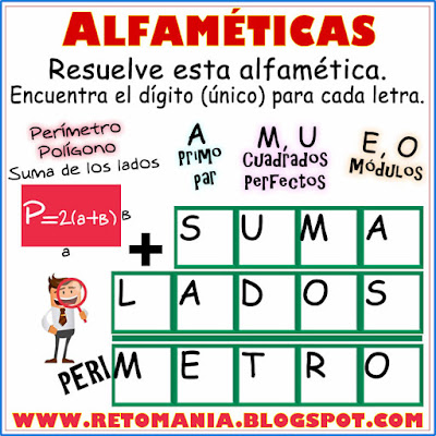 Alfamética, Criptoaritmética, Criptosuma, Juego de palabras, Desafíos matemáticos, Retos matemáticos, Problemas matemáticos, Problemas de lógica,