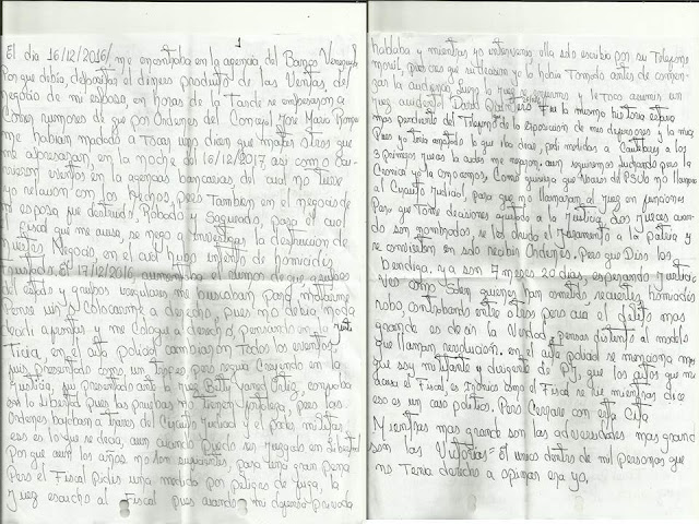 Carta manuscrita de Eduard Cogollo uno de los presos políticos del Alto Apure. AYUDA HUMANITARIA URGENTE PARA 2 PRESOS POLÍTICOS. APURE