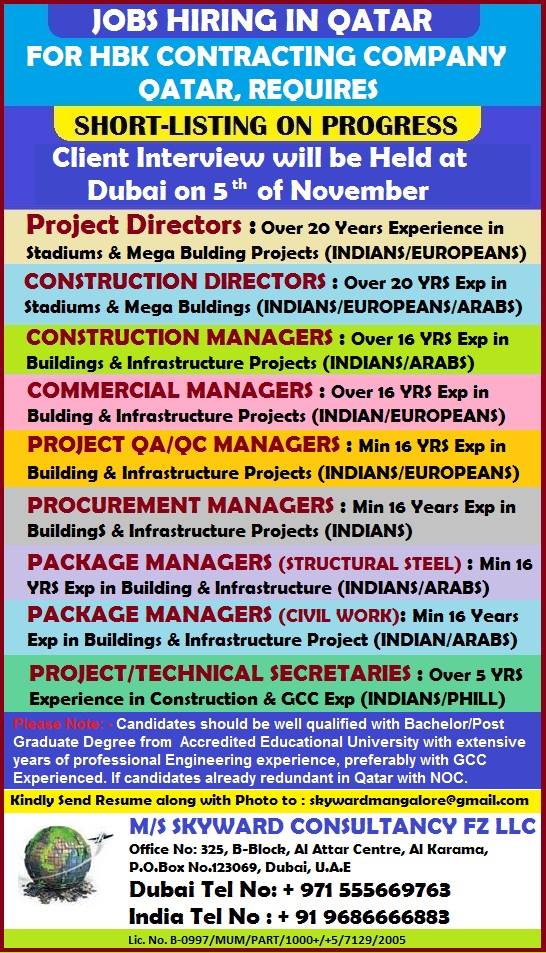 Contracting company jobs for Qatar & Dubai