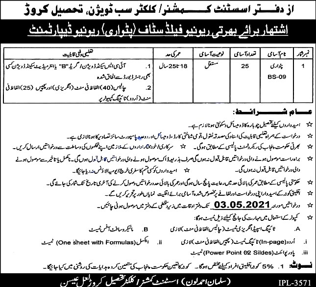 New Jobs in Revenue Department Layyah For Patwari April 2021