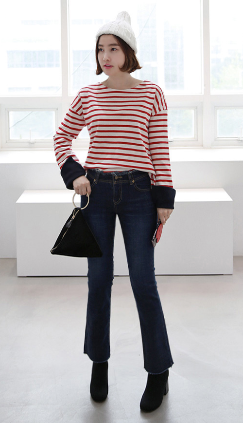  Striped Top With Contrast Color Cuffs