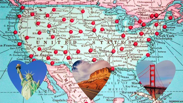 Vacation Ideas in the United States: U.S. Map with pushpins and 3 hearts featuring New York, a Southwest road trip, and the Golden Gate Bridge in San Francisco