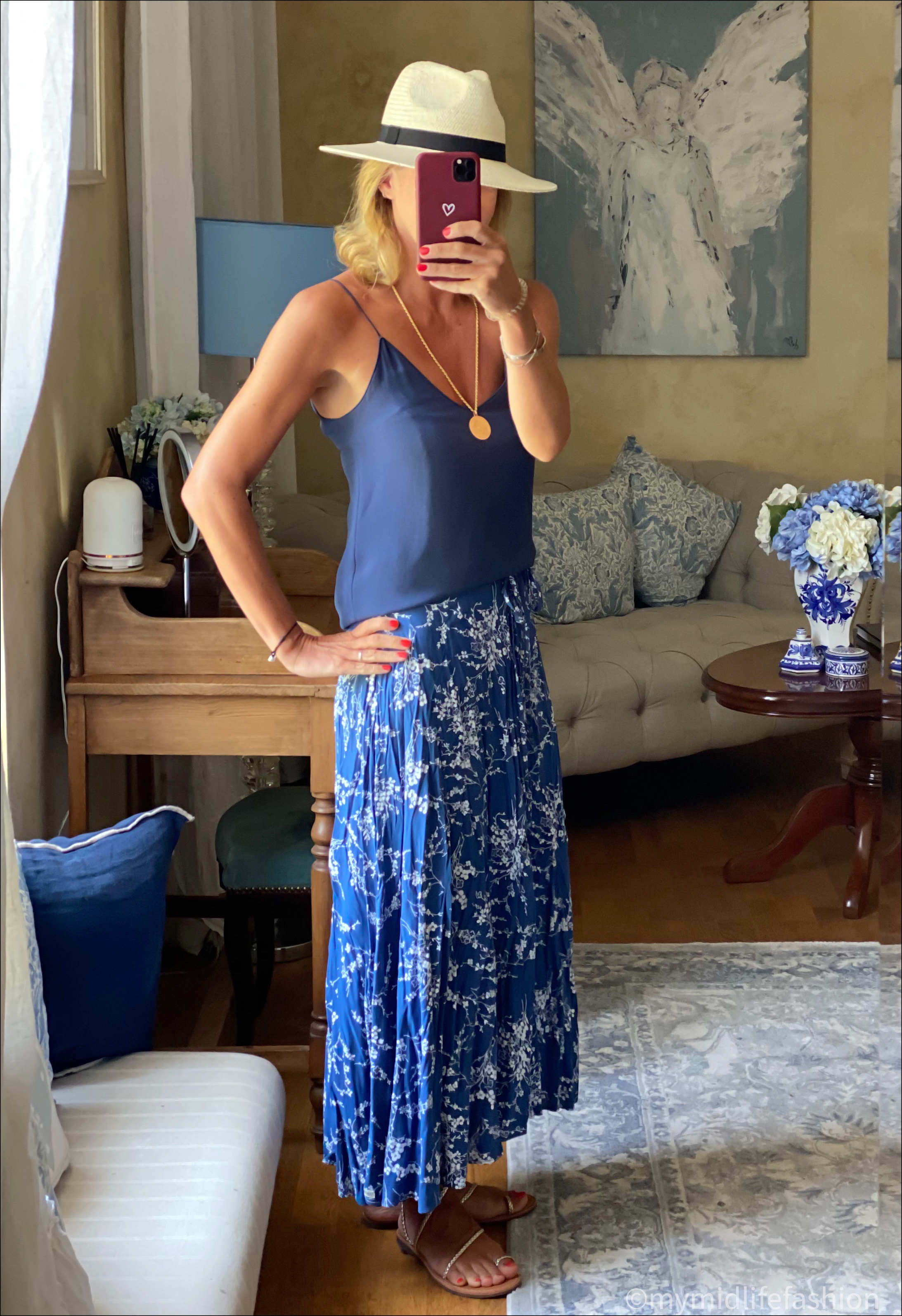 my midlife fashion, Zara Panama hat, Zara camisole, Monica Vinader Marie coin pendant, floral midi skirt, speak out boutique gold braided flat leather sandals