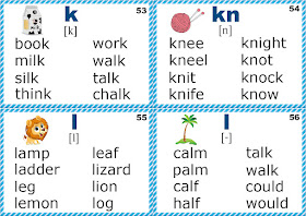 Letter k sounds, silent k words -- phonics flashcards