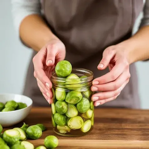A jar of pickled Brussels sprouts with garlic and spices, placed on a rustic wooden table, ready to add a tangy crunch to salads and sandwiches.