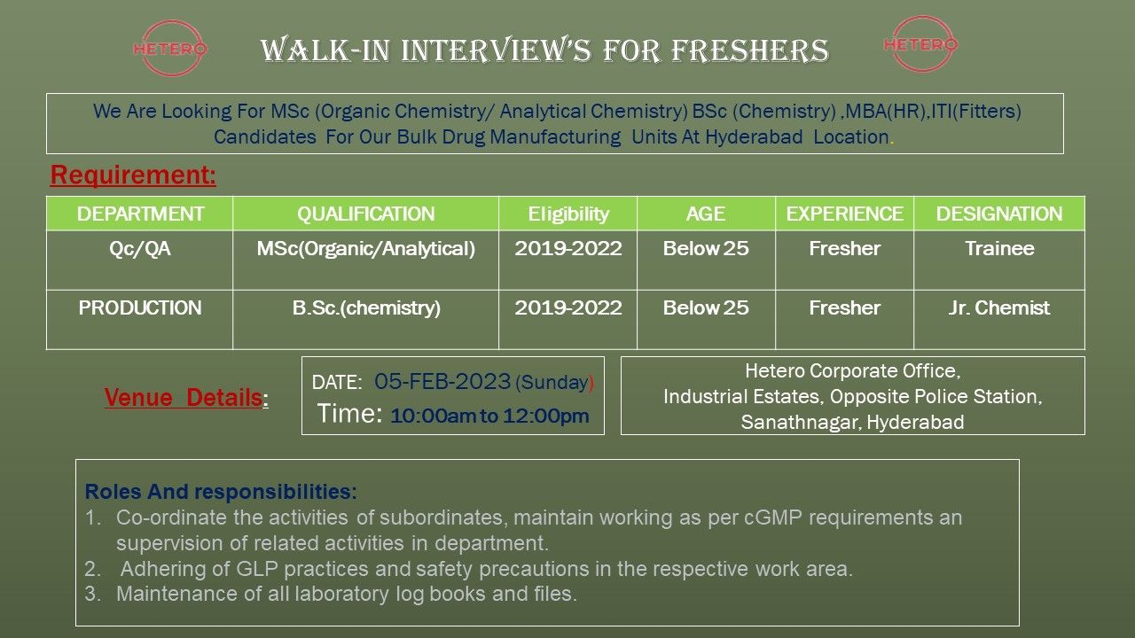 Job Availables, Hetero Walk In Interview For Fresher For Quality Assurance/ Quality Control/ Production Department