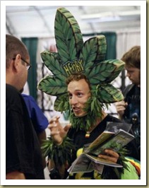 Magic Ellingson, AKA "Henry Hemp", talks with Levon Arushanyan, left, at the Glass Source 420 booth during the HempCon 2010 Medical Marijuana Show at San Jose Convention Center Saturday Aug. 7, 2010. (Photo by Patrick Tehan/Mercury News) ( Patrick Tehan )