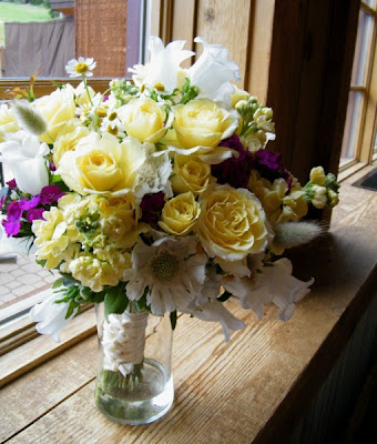 Ten Mile Station wedding bouquet Pale yellow spray roses white scabiosa 