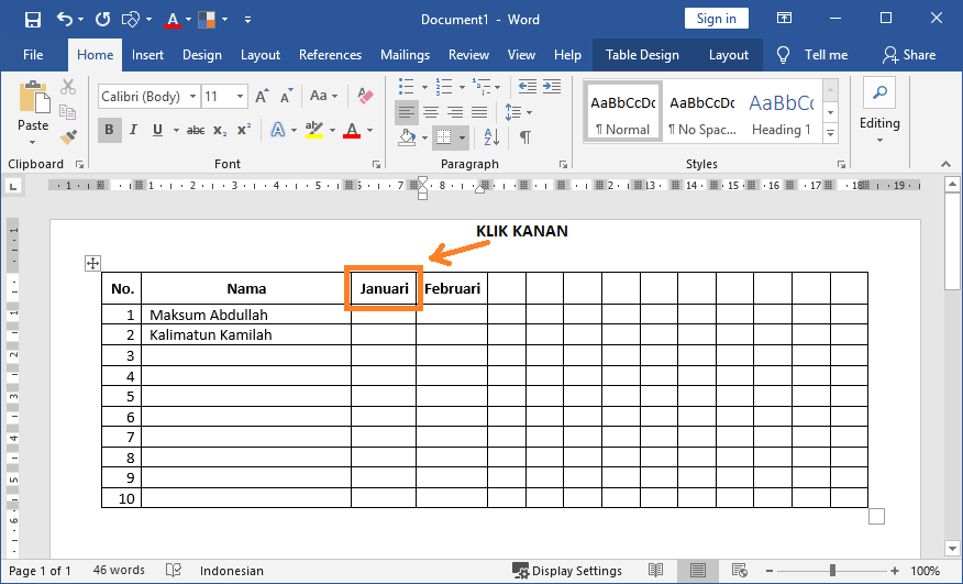 Membuat Teks / Tulisan Miring Vertikal pada Judul Kolom Tabel Microsoft Office Word