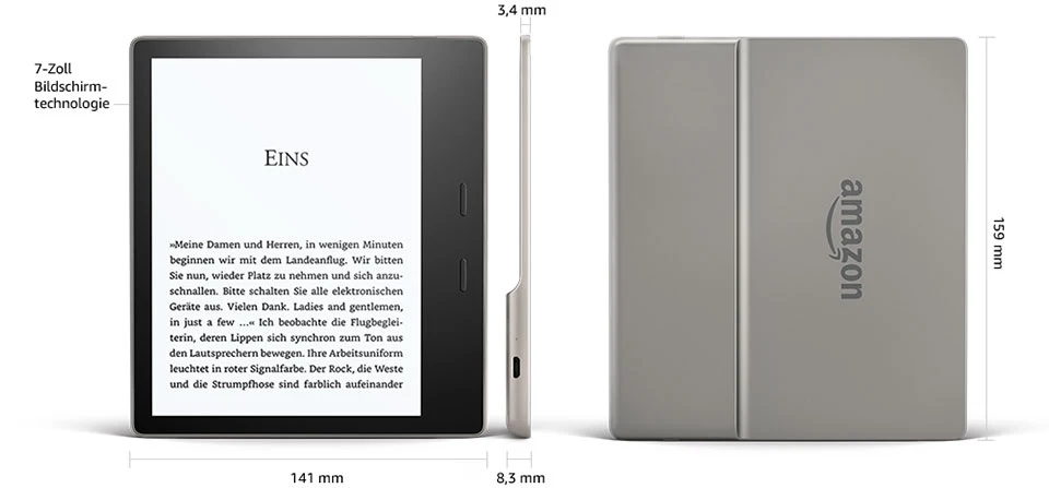 Kindle Oasis 2 - tył i front czytnika. Na tyle obudowy widoczne logo firmy Amazon