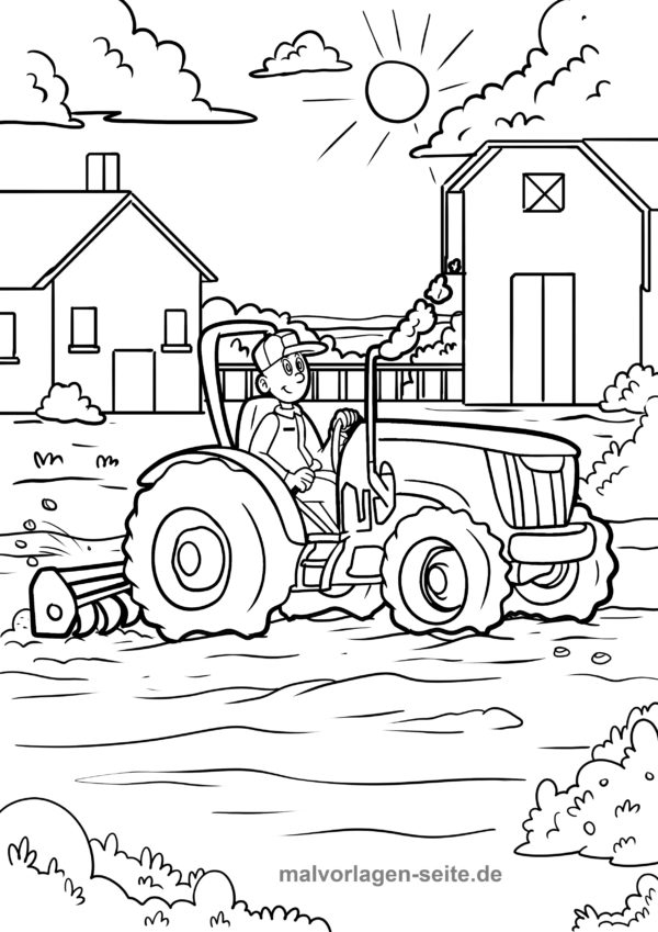 Malvorlage-Ausmalbild-Bauernhof-Traktor-auf-dem-Feld