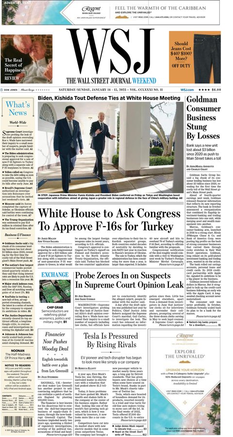 THE WALL STREET JOURNAL WEEKEND   Portada  Sábado y Domingo  14 y 15 de Enero de 2023