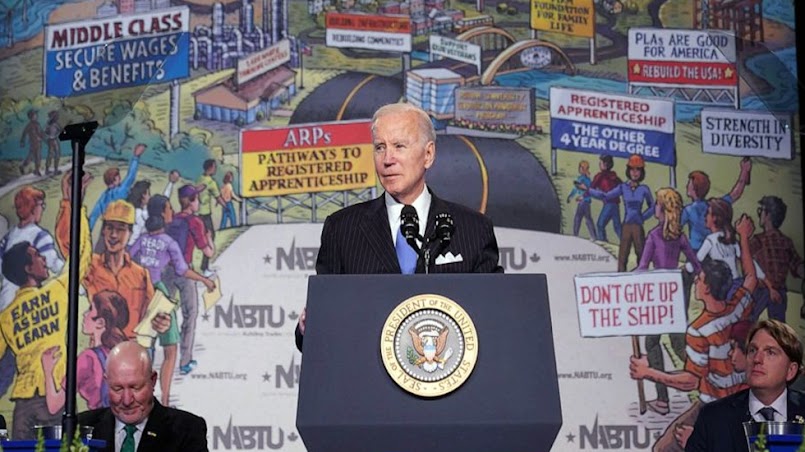 President Joe Biden addresses trades leaders on April 6, 2022, at the North Americas Building Trades Unions (NABTU) Legislative Conference at the Washington Hilton Hotel in Washington, D.C.